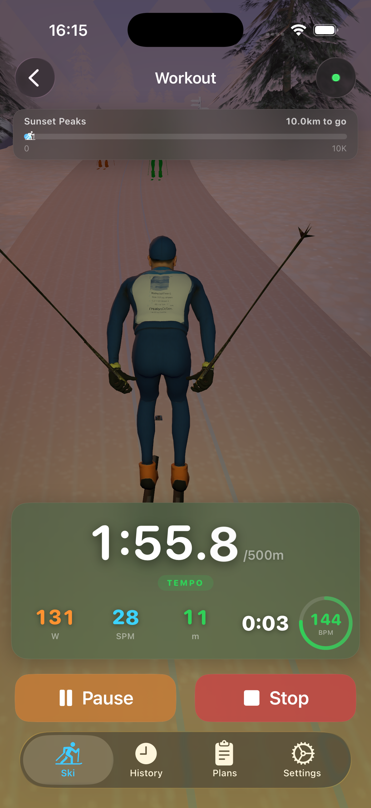 Active workout on Sunset Peaks route showing 3D skier and live pace metrics